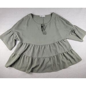 Lily White‎ Babydoll Top Womens 2X Sage Green Bell Sleeve Key Hole Neck Boho